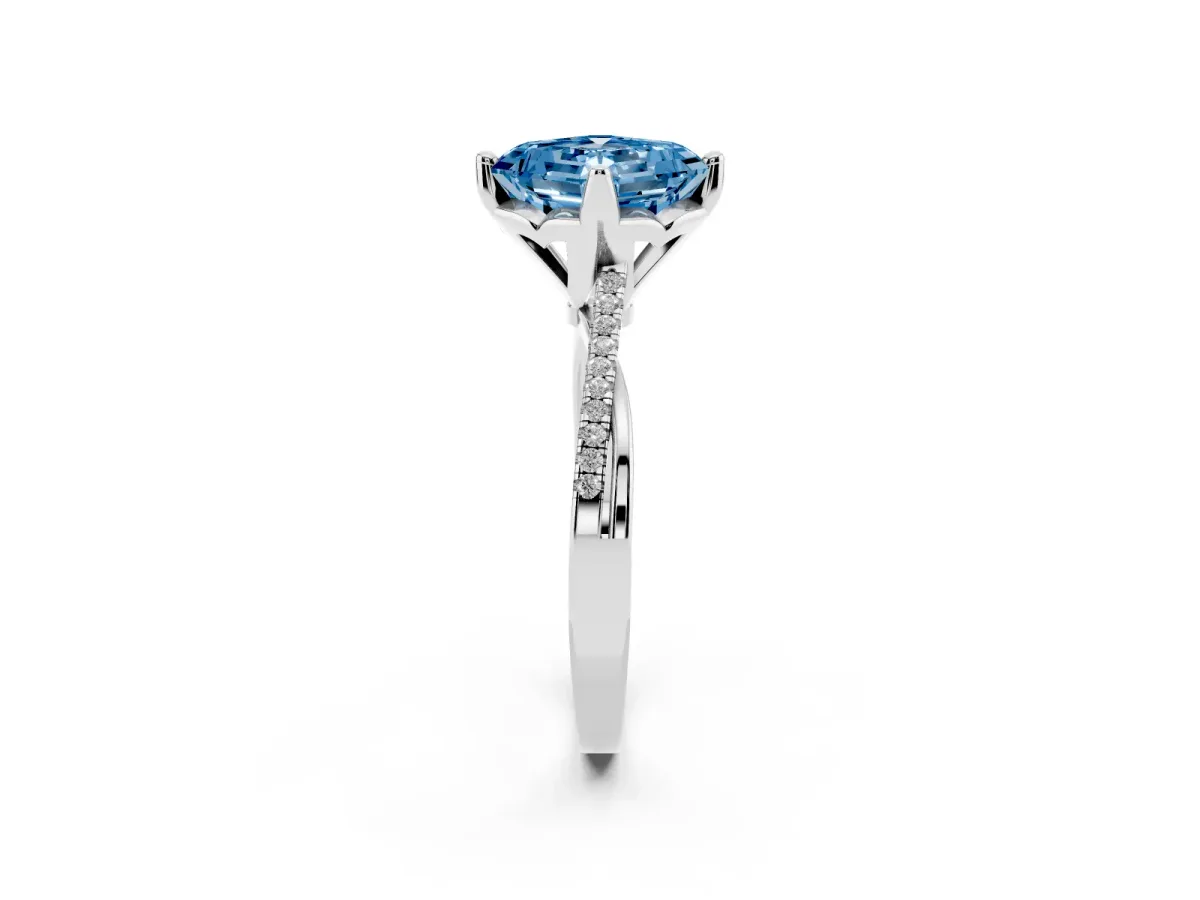 Fancy Blue Asscher Cut Solitaire Twist Band with Pavé Diamonds and Four-Prong Setting White gold