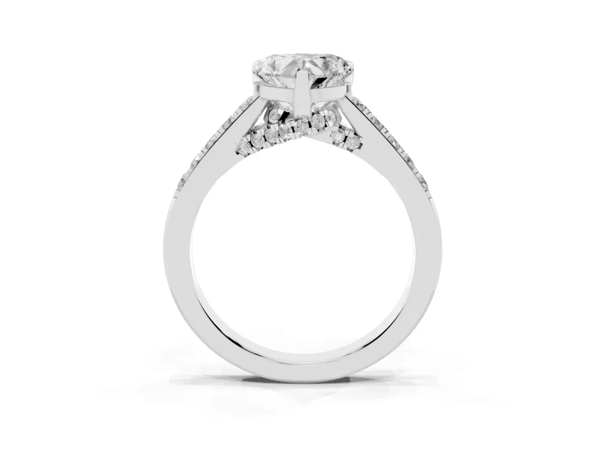 Heart Cut Diamond Solitaire Ring with Crossover Gallery and Round Pavé Band Platinum