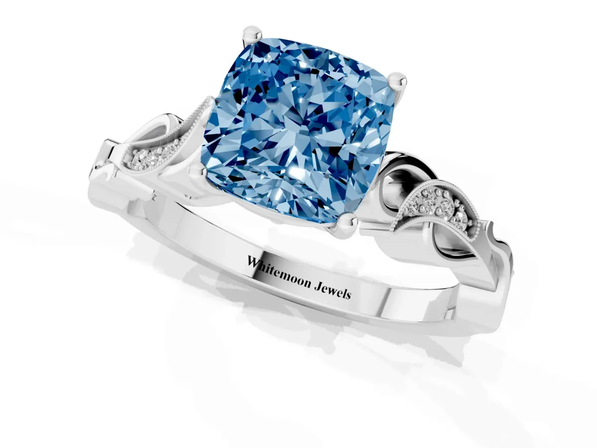 Fancy Blue Cushion Cut Solitaire Vine Band with Milgrain Prong Setting Silver