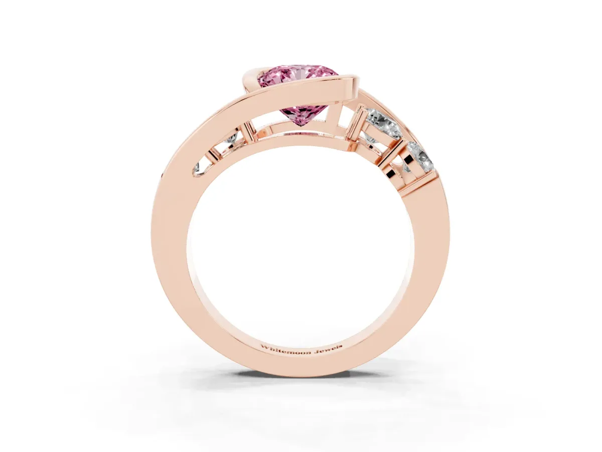 Fancy Pink Bezel Set Cushion Cut Diamond Bypass Ring with Round Accents Rose gold