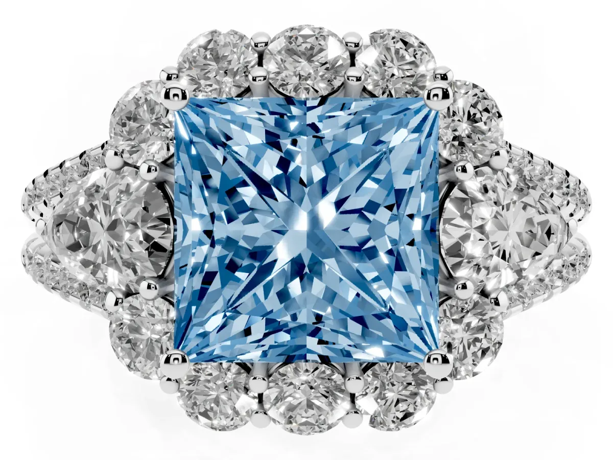 Fancy Blue Princess Cut Halo Split Shank Diamond Engagement Ring with Prong Setting Silver