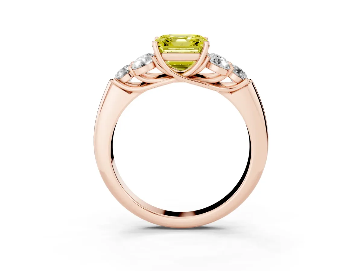 Fancy Yellow Asscher Cut Cut Diamond Cluster Ring with Round Accent Stones and Prong Setting on a Classic Band Rose gold