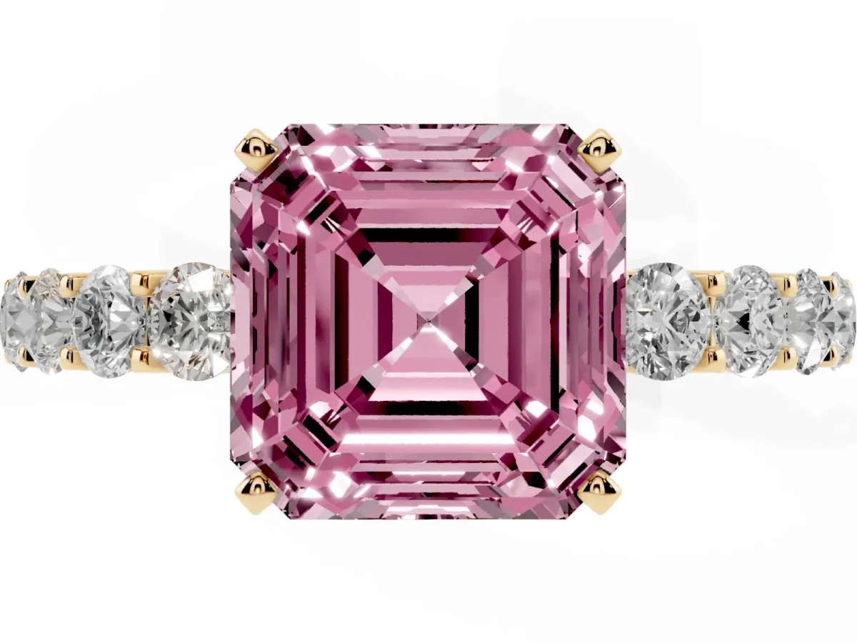 Fancy Pink Asscher Cut Diamond Solitaire Ring with Shared Prong Pavé Band and Four-Prong Setting Yellow gold