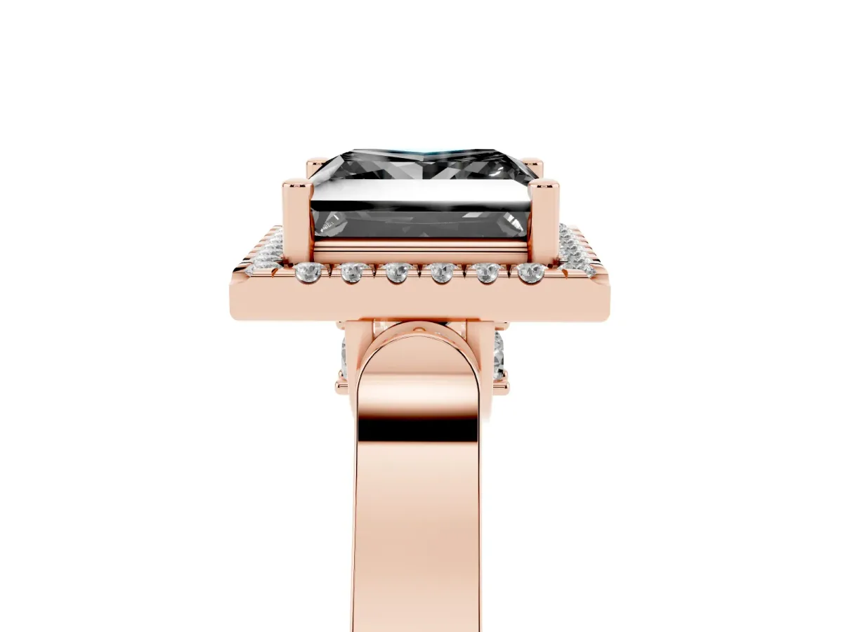 Fancy Black Princess Cut Halo Round Diamond Twist Band with Four-Prong Setting Rose gold