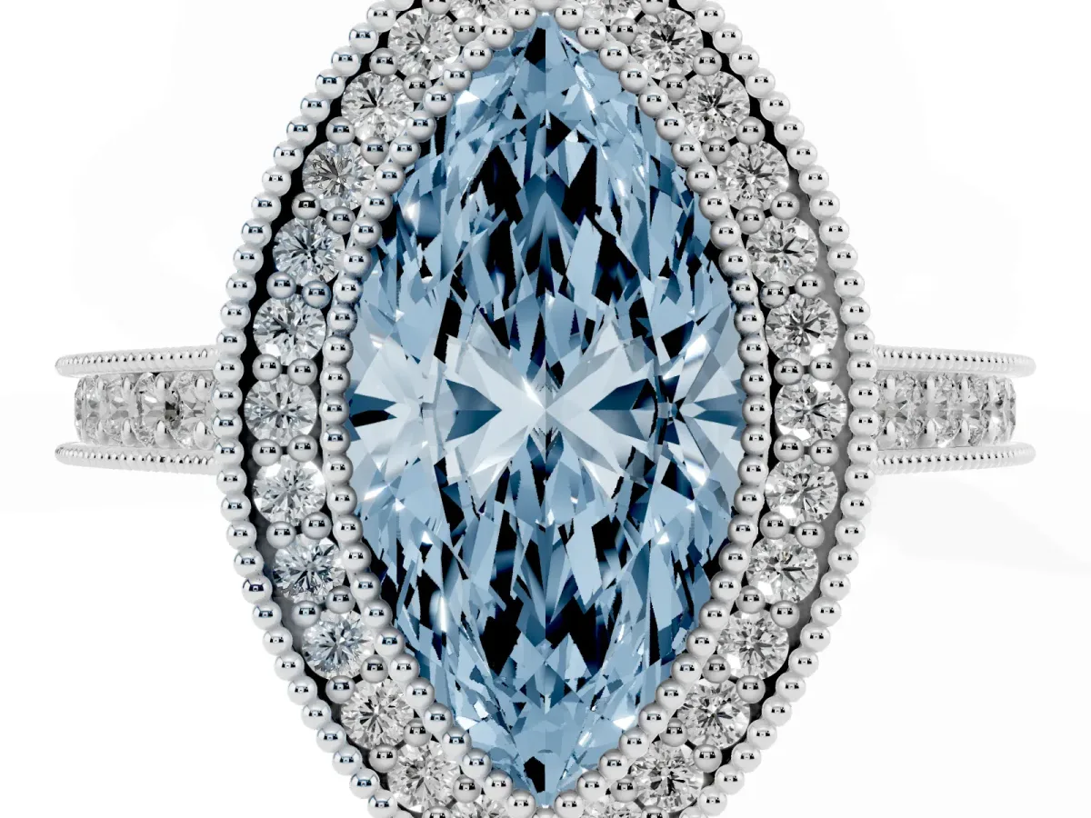 Fancy Blue Halo Marquise Cut-Cut Diamond Pave Band Milgrain Prong Setting Ring Silver