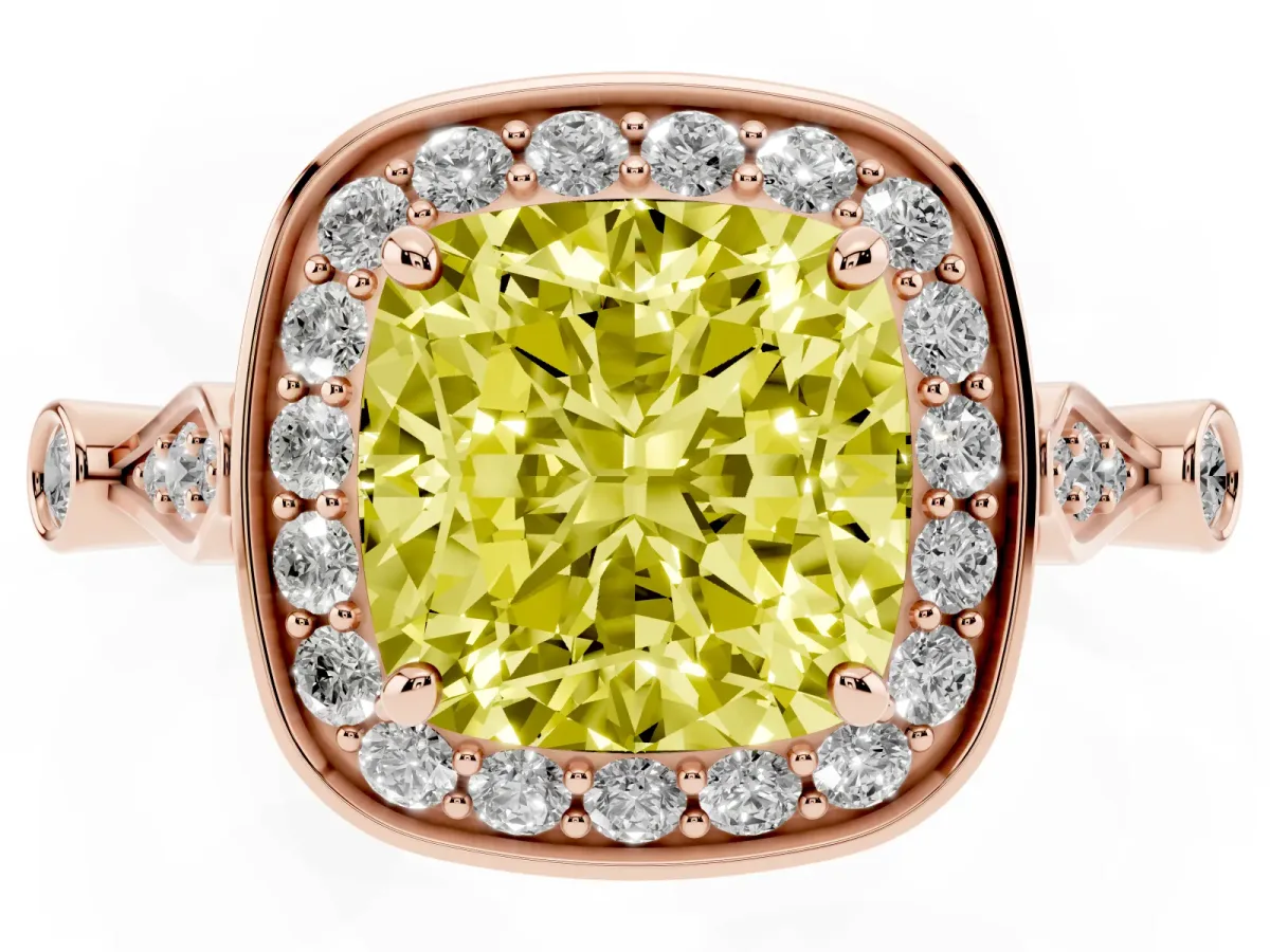 Fancy Yellow Cushion Cut Halo Diamond Engagement Ring with Twisted Band and Four-Prong Setting Rose gold