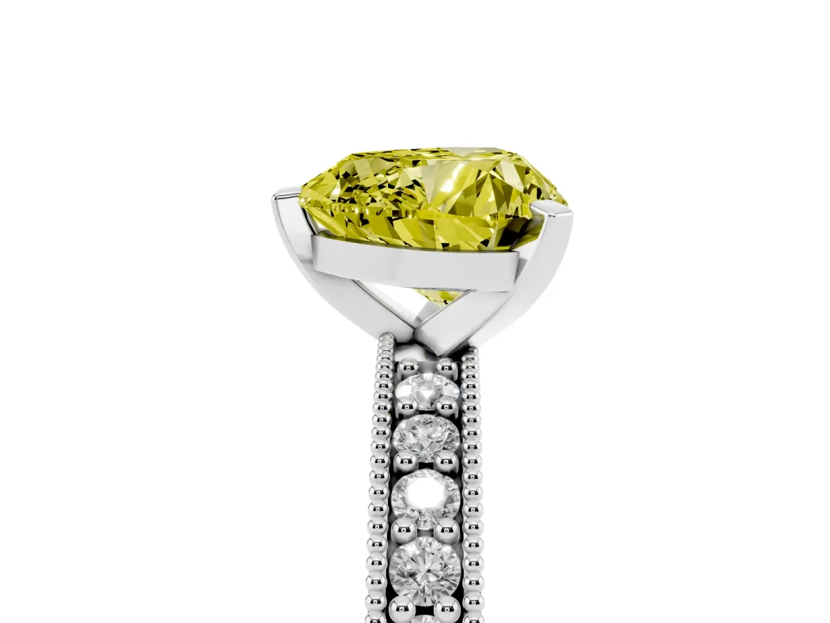 Fancy Yellow Heart Cut Diamond Milgrain Pavé Engagement Ring with Four-Prong Setting Silver