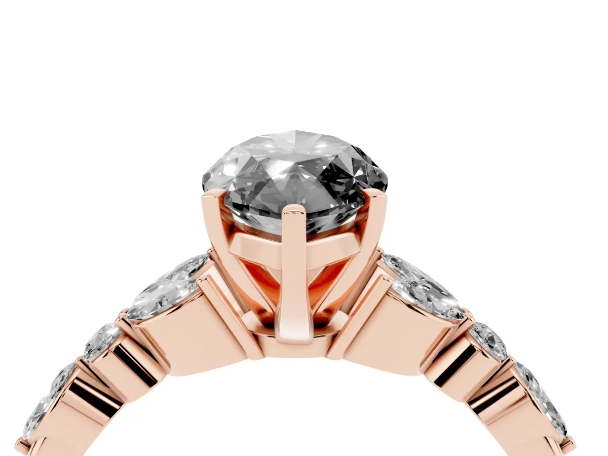 Fancy Black Marquise Cut Diamond Solitaire Ring with Side Stones and Four-Prong Setting Rose gold