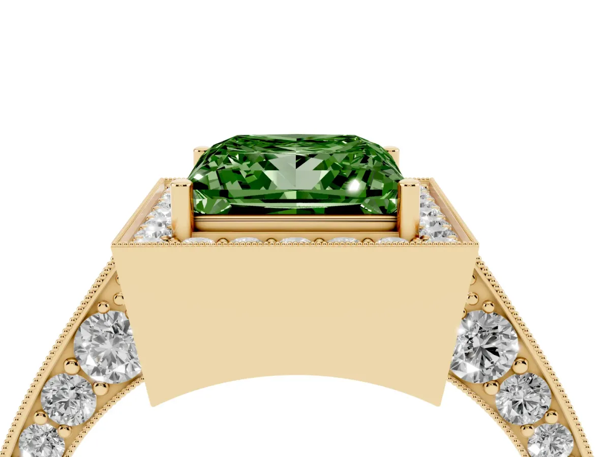 Fancy Green Princess Cut Halo Diamond Engagement Ring with Split Shank Band and Four-Prong Setting Yellow gold