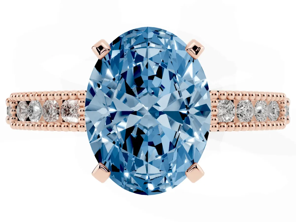 Fancy Blue Oval Cut Solitaire with Pavé Band and Four-Prong Setting Rose gold