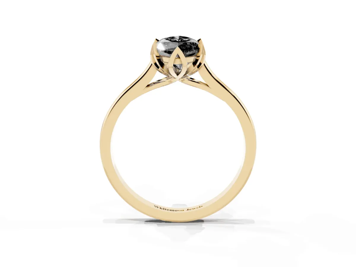 Fancy Black Marquise Cut Diamond Solitaire Ring with Flower Prong Setting and Classic Band Yellow gold
