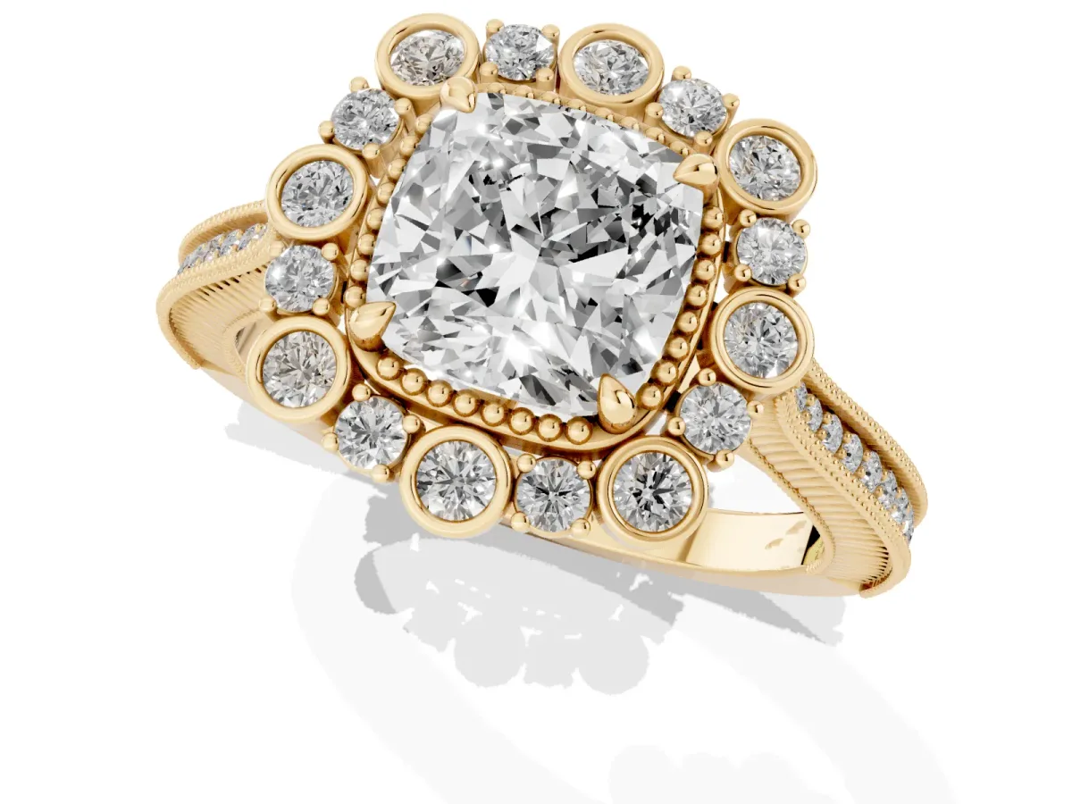 Cushion Cut Halo Milgrain Pave Diamond Ring with Four-Prong Setting Yellow gold