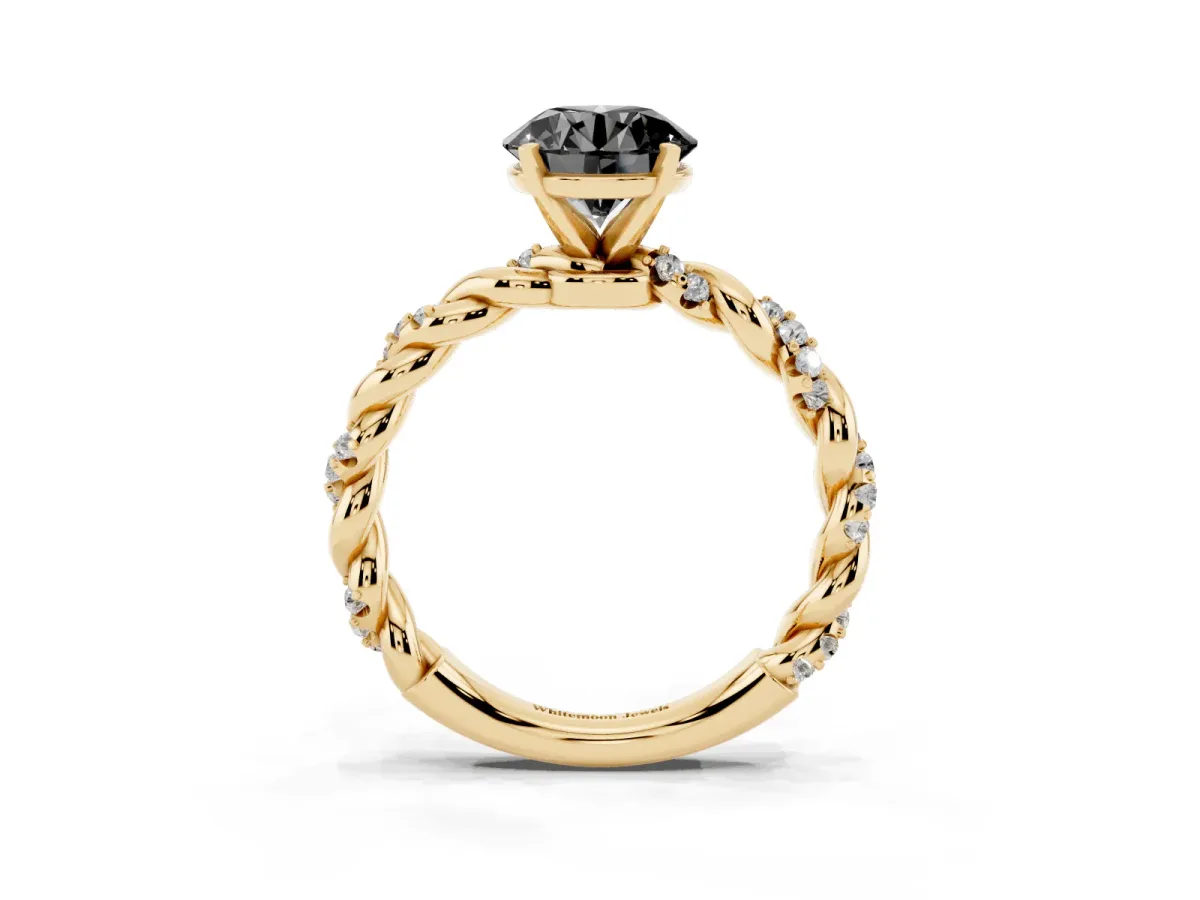 Fancy Black Round Cut Diamond Solitaire Ring with Twisted Band and Pavé Accents Yellow gold