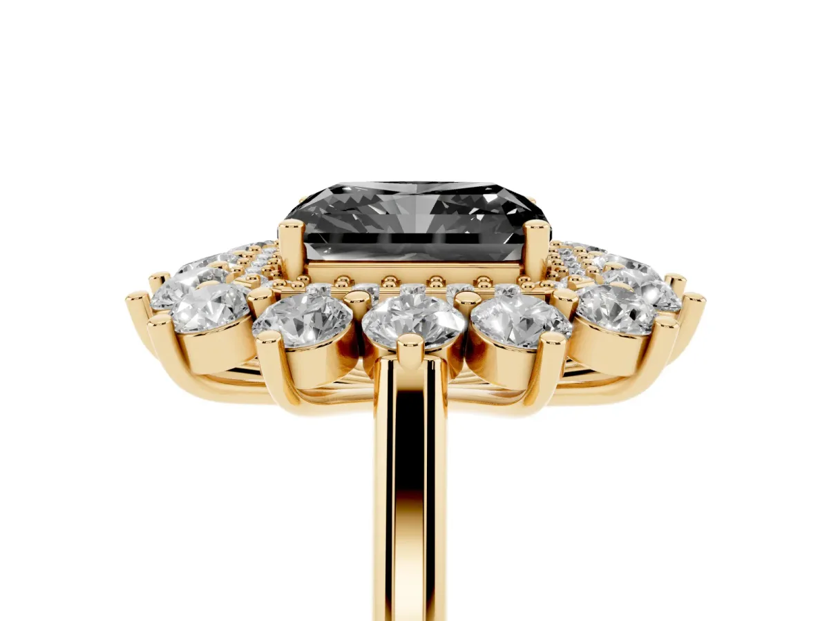 Fancy Black Radiant Cut Diamond Floral Double Halo Engagement Ring with Prong Setting Yellow gold