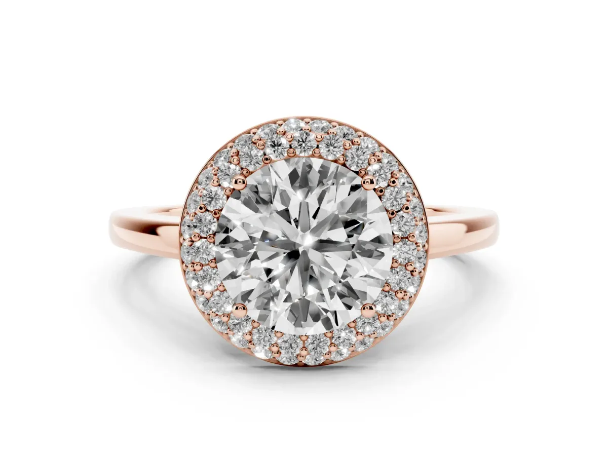 Round Cut Halo Diamond Engagement Ring with Solitaire Band and Four-Prong Setting Rose gold