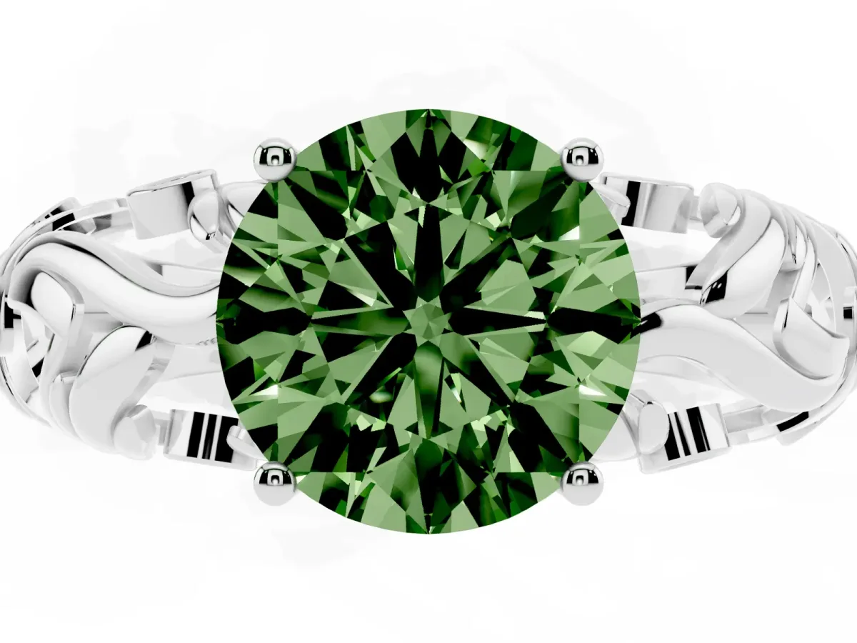Fancy Green Round Cut Solitaire Diamond Leaf-Inspired Vine Band Ring with Prong Setting Platinum