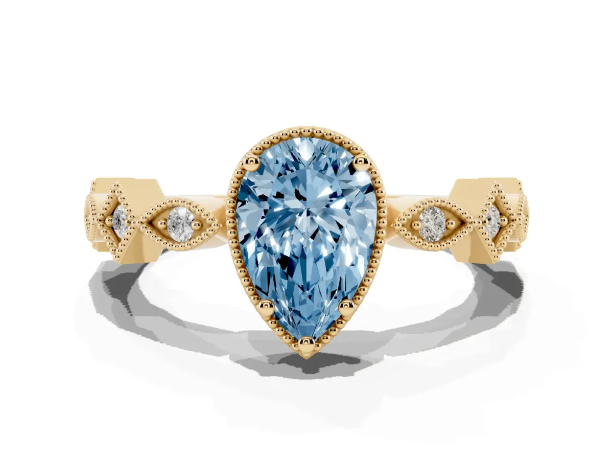 Fancy Blue Pear Cut Milgrain Marquise Diamond Twist Band Ring Yellow gold
