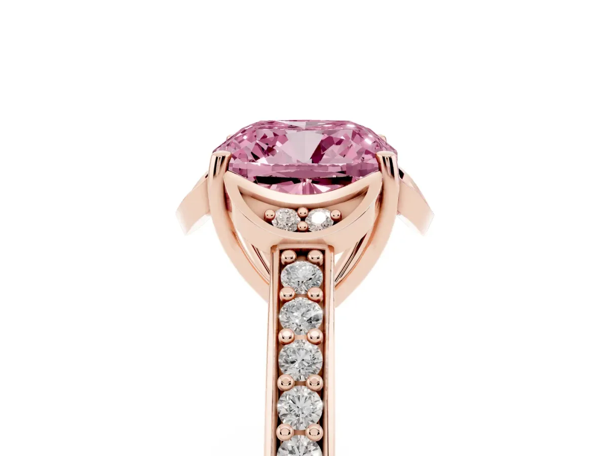 Fancy Pink Cushion Cut Cut Halo Diamond Ring with Channel Set Band and Four-Prong Setting Rose gold