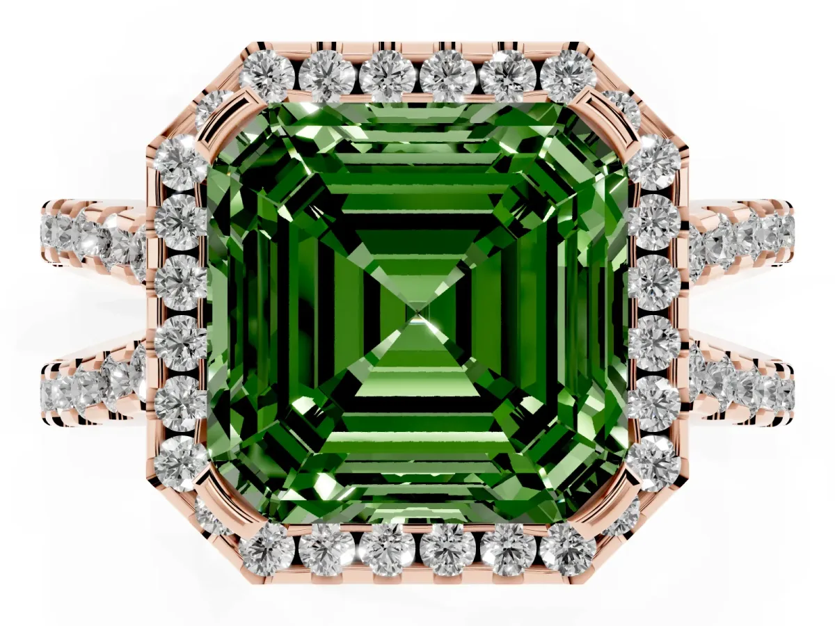 Fancy Green Asscher Cut Diamond Halo Ring with Split Shank Pavé Band and Prong Setting Rose gold