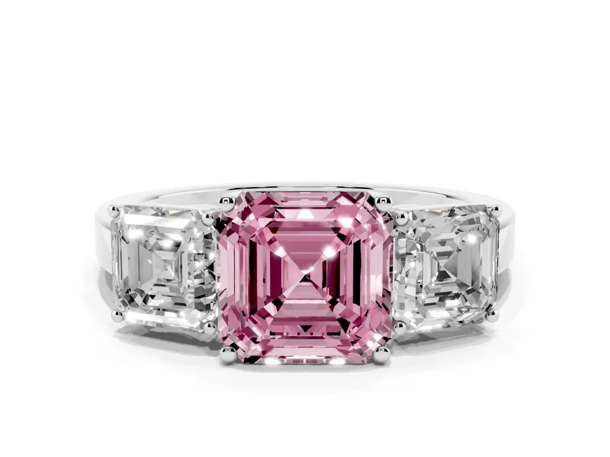 Fancy Pink Three-Stone Asscher Cut Cut Diamond Engagement Ring with Flat Band and Four-Prong Setting Silver