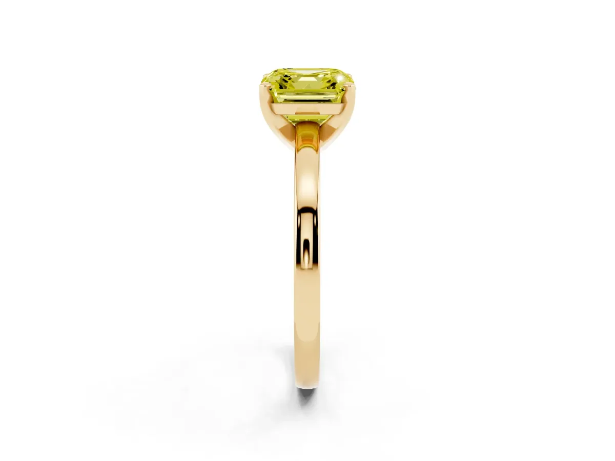 Fancy Yellow Asscher Cut Solitaire Diamond Engagement Ring with Four-Prong Setting on a Classic Band Yellow gold