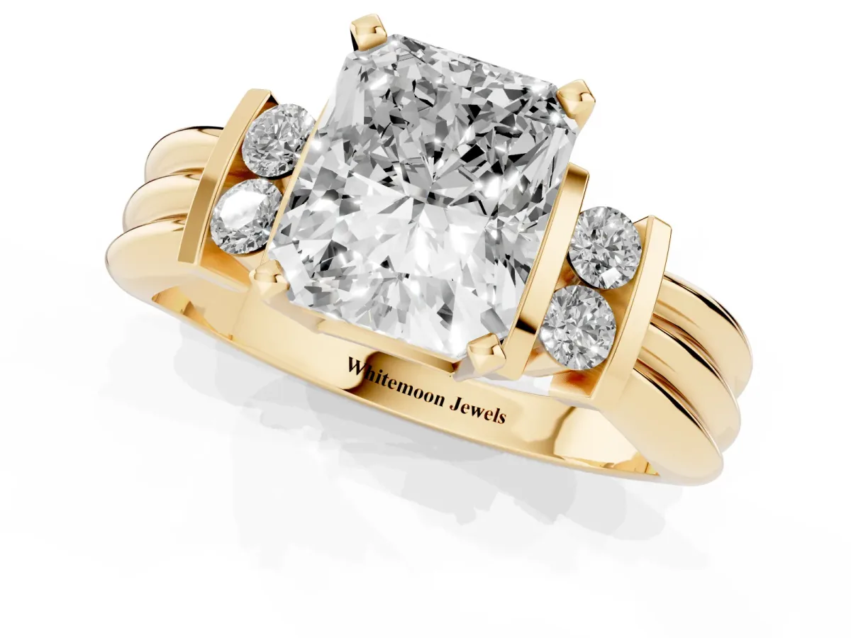 Radiant Cut Cut Three-Stone Channel Set Ring with Bar Prongs Yellow gold