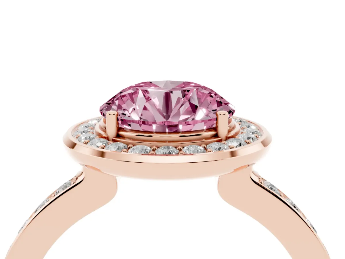 Fancy Pink Round Cut Diamond Halo Ring with Bezel Frame and Pavé Band Rose gold
