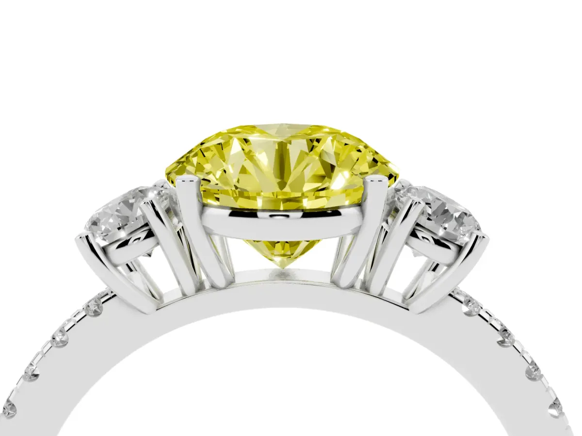 Fancy Yellow Three-Stone Round Cut Cut Diamond Pavé Band with Prong Setting Platinum