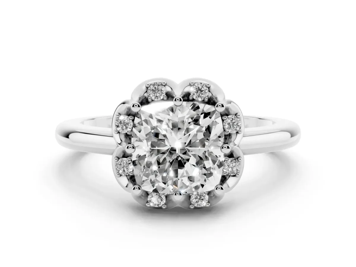 Cushion Cut Halo Diamond Ring with Round Cluster Setting, Solitaire Band, and Four-Prong Setting Platinum