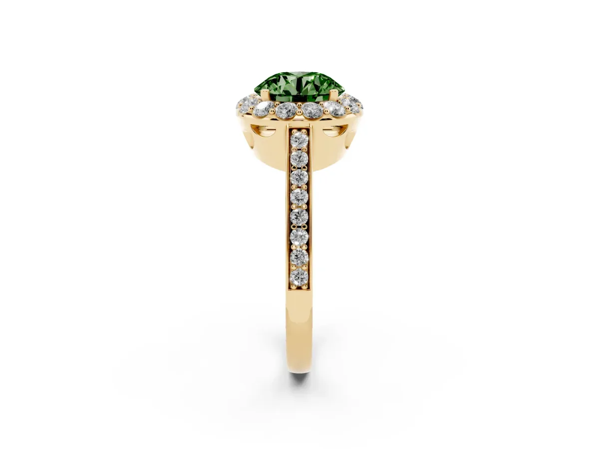 Fancy Green Round Cut Diamond Floral Halo Ring with Pavé Band and Prong Setting Yellow gold