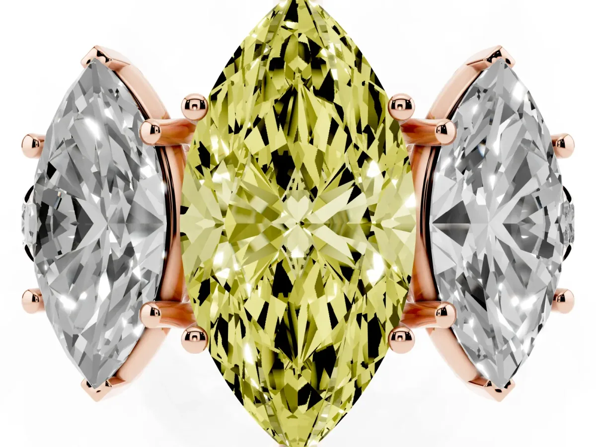 Fancy Yellow Three-Stone Marquise Cut Diamond Pavé Band with Prong Setting Rose gold