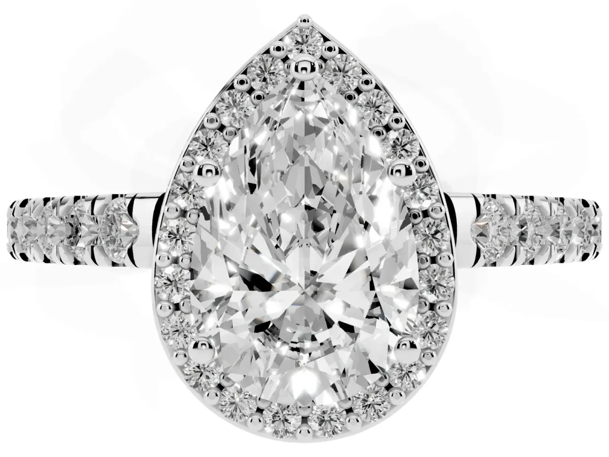 Pear Cut Cut Halo Diamond Engagement Ring with Pave Band and Four-Prong Setting Platinum