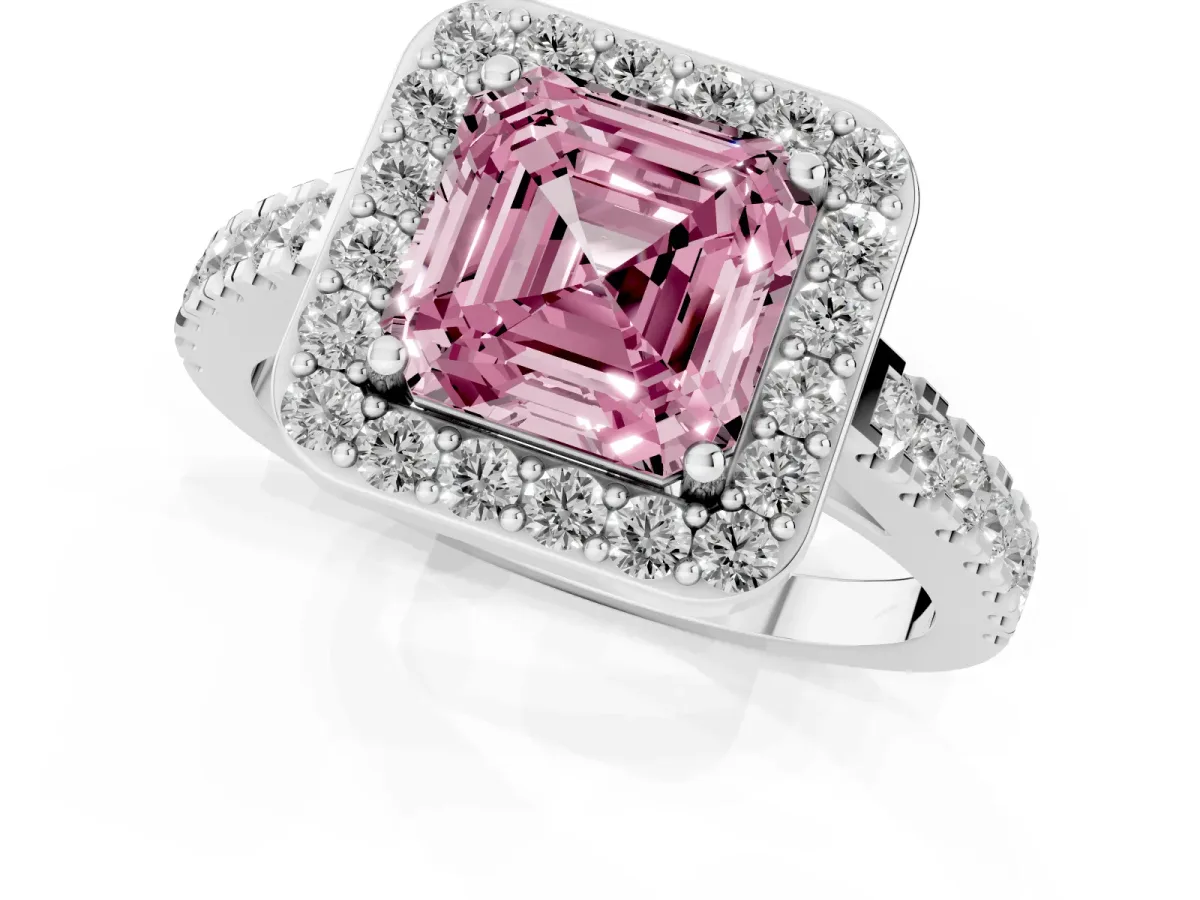 Fancy Pink Asscher Cut Diamond Halo Ring with Round Pavé Split Shank and Prong Setting Silver