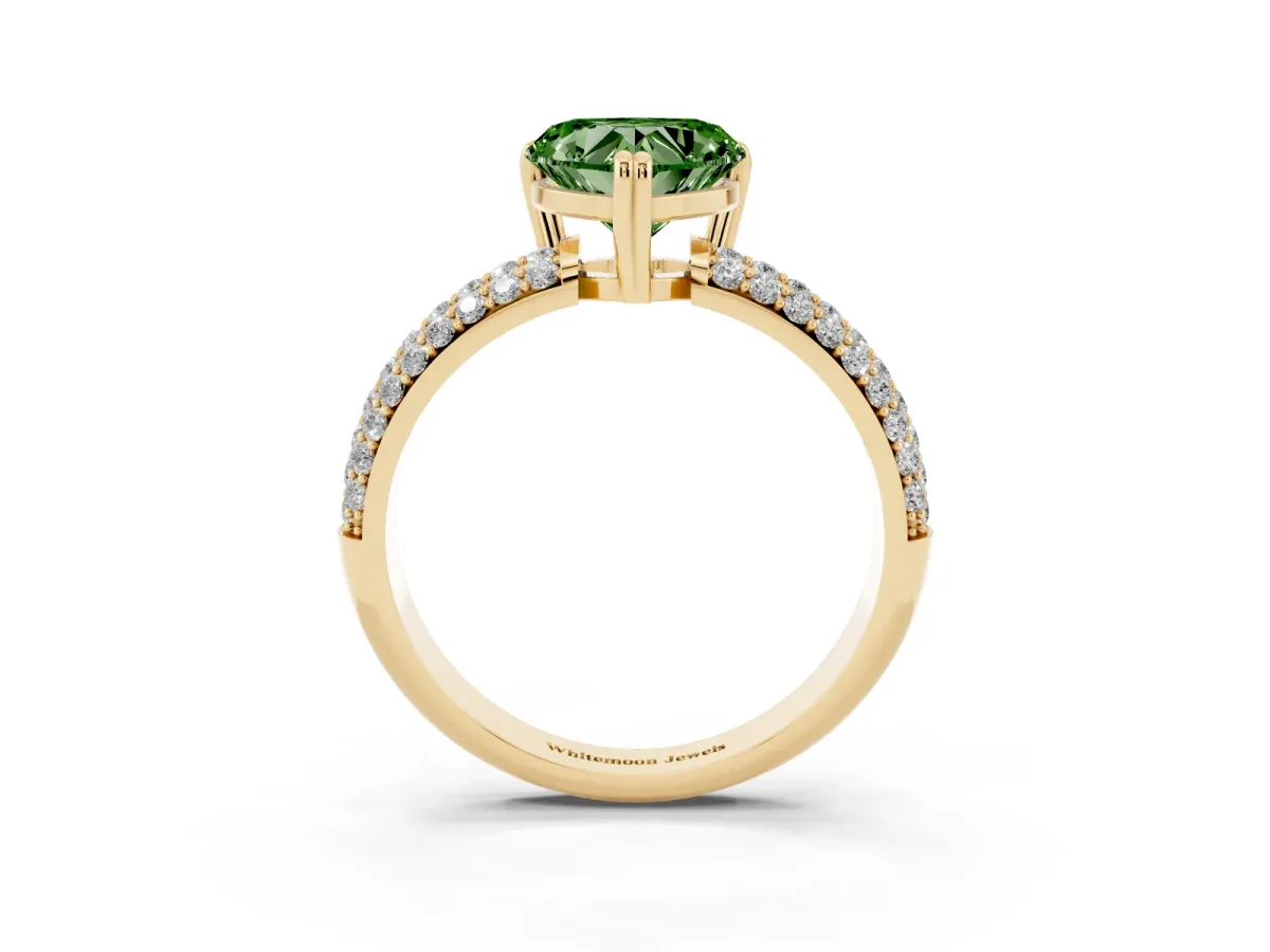 Fancy Green Heart Cut Diamond Solitaire Ring with Multi-Row Round Pavé Band and Prong Setting Yellow gold