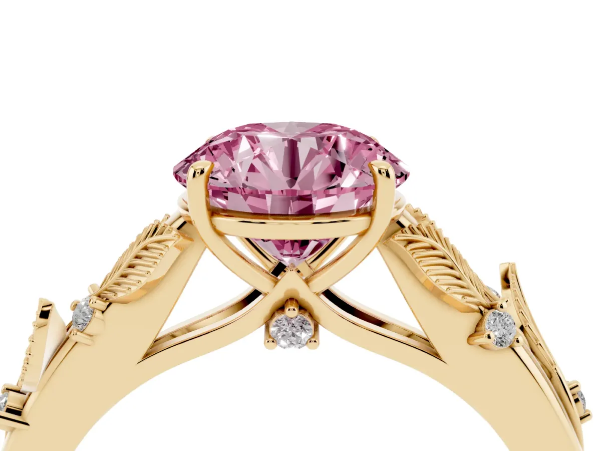 Fancy Pink Round Cut Diamond Solitaire Ring with Leaf Motif Band and Four-Prong Setting Yellow gold