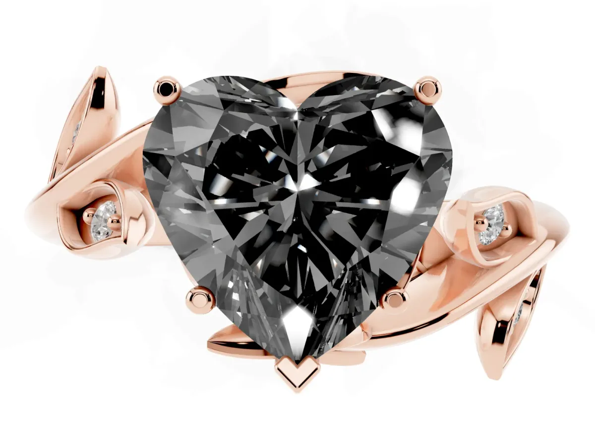 Fancy Black Heart Cut Solitaire Twist Engagement Ring with Leaf Accents and Prong Setting Rose gold