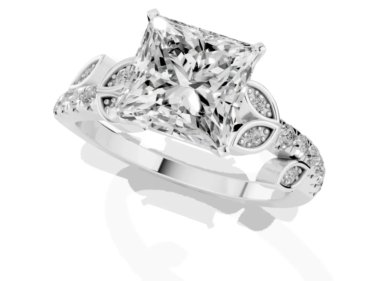 Princess Cut Solitaire Leaf-Inspired Diamond Ring with Pavé Band and Four-Prong Setting Silver