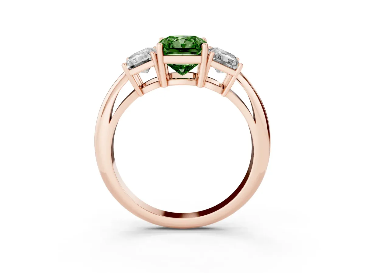 Fancy Green Three-Stone Radiant Cut Cut Diamond Engagement Ring with Prong Setting on a White Gold Band Rose gold
