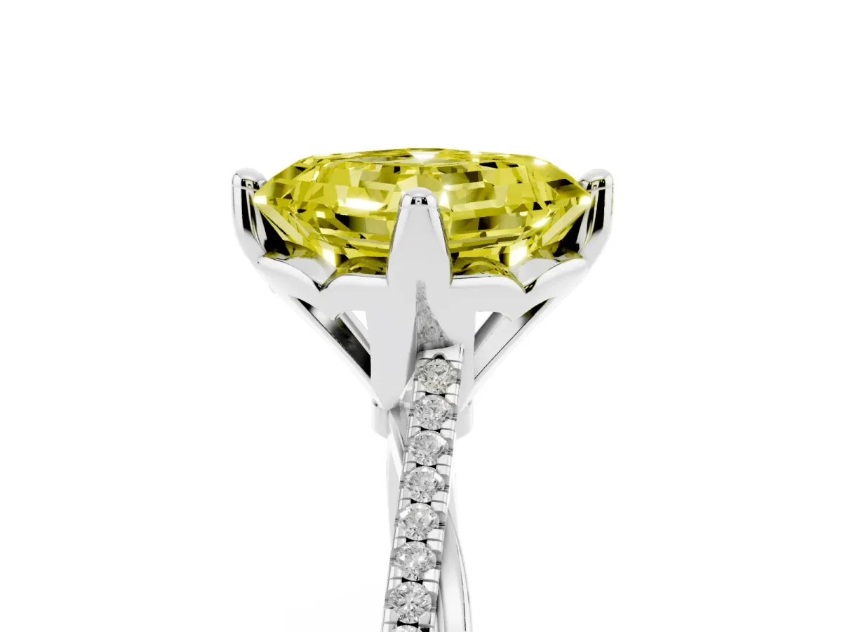 Fancy Yellow Asscher Cut Solitaire Twist Band with Pavé Diamonds and Four-Prong Setting Silver