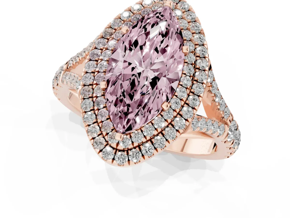 Fancy Pink Marquise Cut Diamond Pavé Split Shank Double Halo Engagement Ring Rose gold