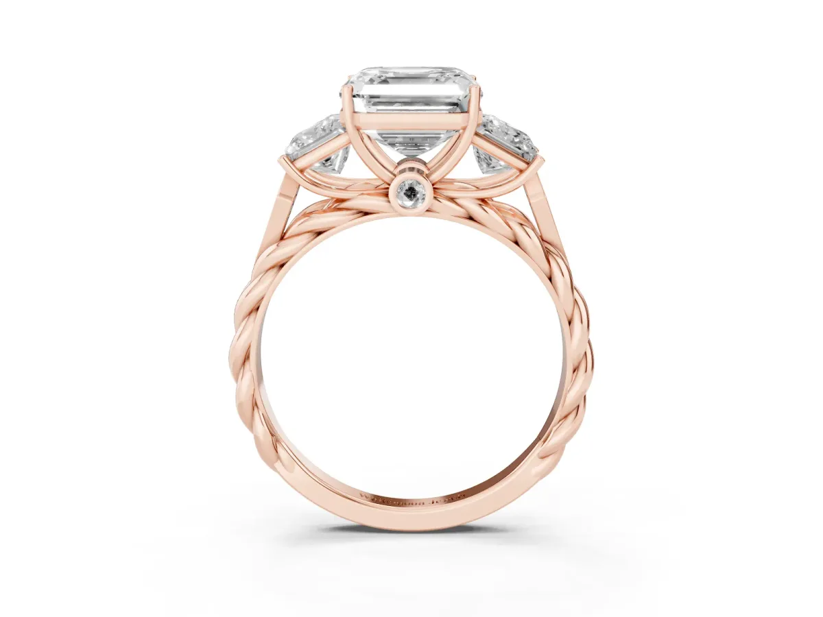 Three-Stone Asscher Cut Diamond Braided Band Ring with Four-Prong Setting Rose gold