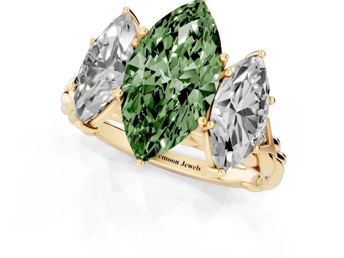 Fancy Green Three-Stone Marquise Cut Diamond Braided Band Ring with Four-Prong Setting Yellow gold
