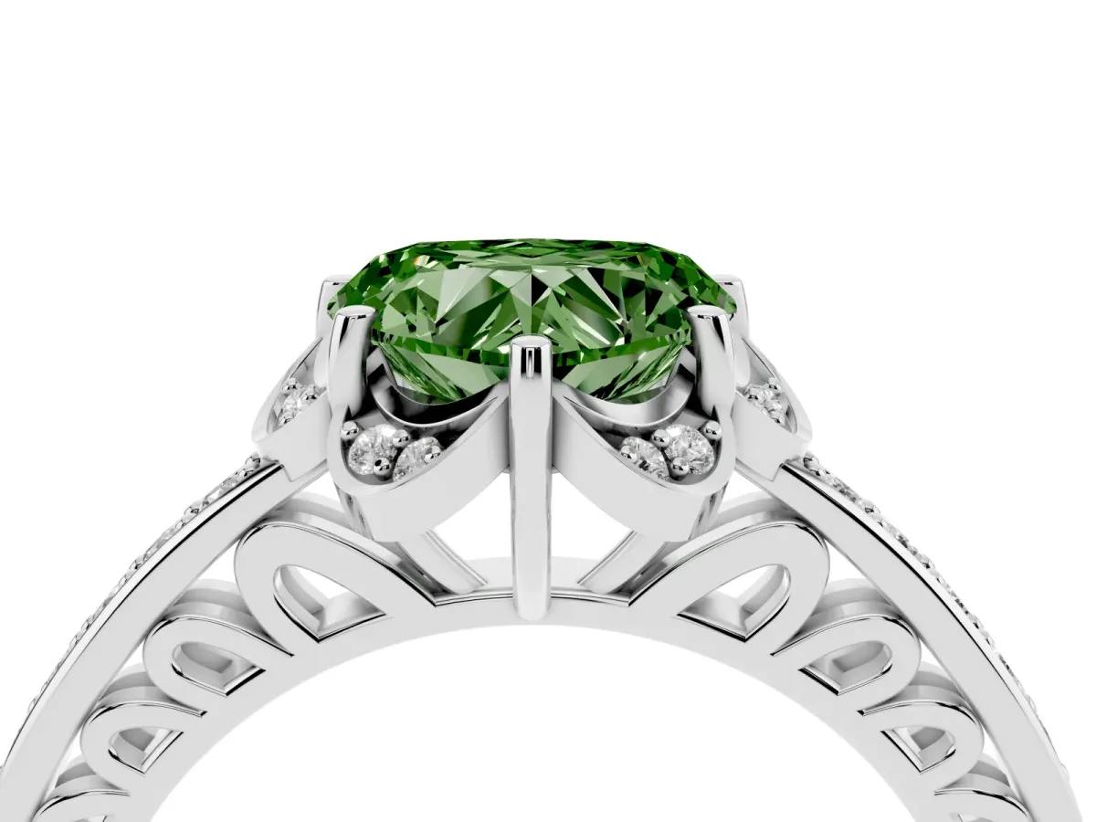 Fancy Green Heart Cut Cut Halo Diamond Ring with Channel Set Band and Four-Prong Setting Platinum