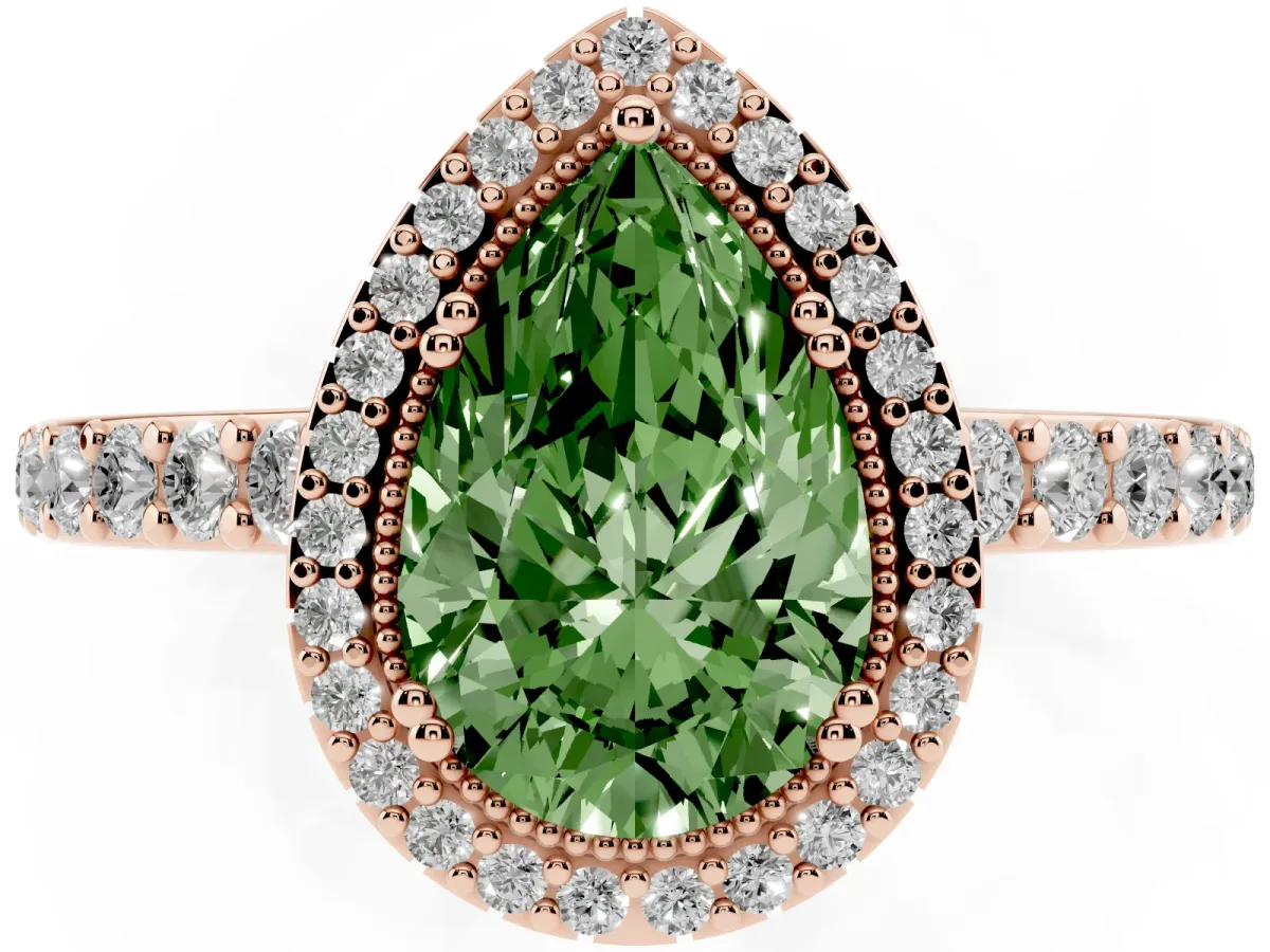 Fancy Green Pear Cut Cut Diamond Halo Engagement Ring with Milgrain Detail and Pavé Band Rose gold