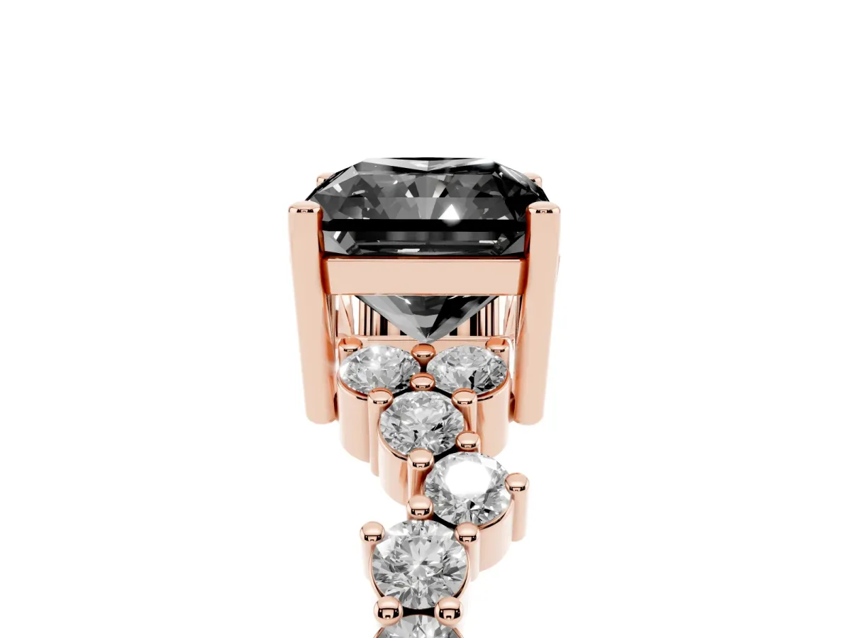Fancy Black Radiant Cut Diamond Scattered Round Accent Ring with Prong Setting Rose gold