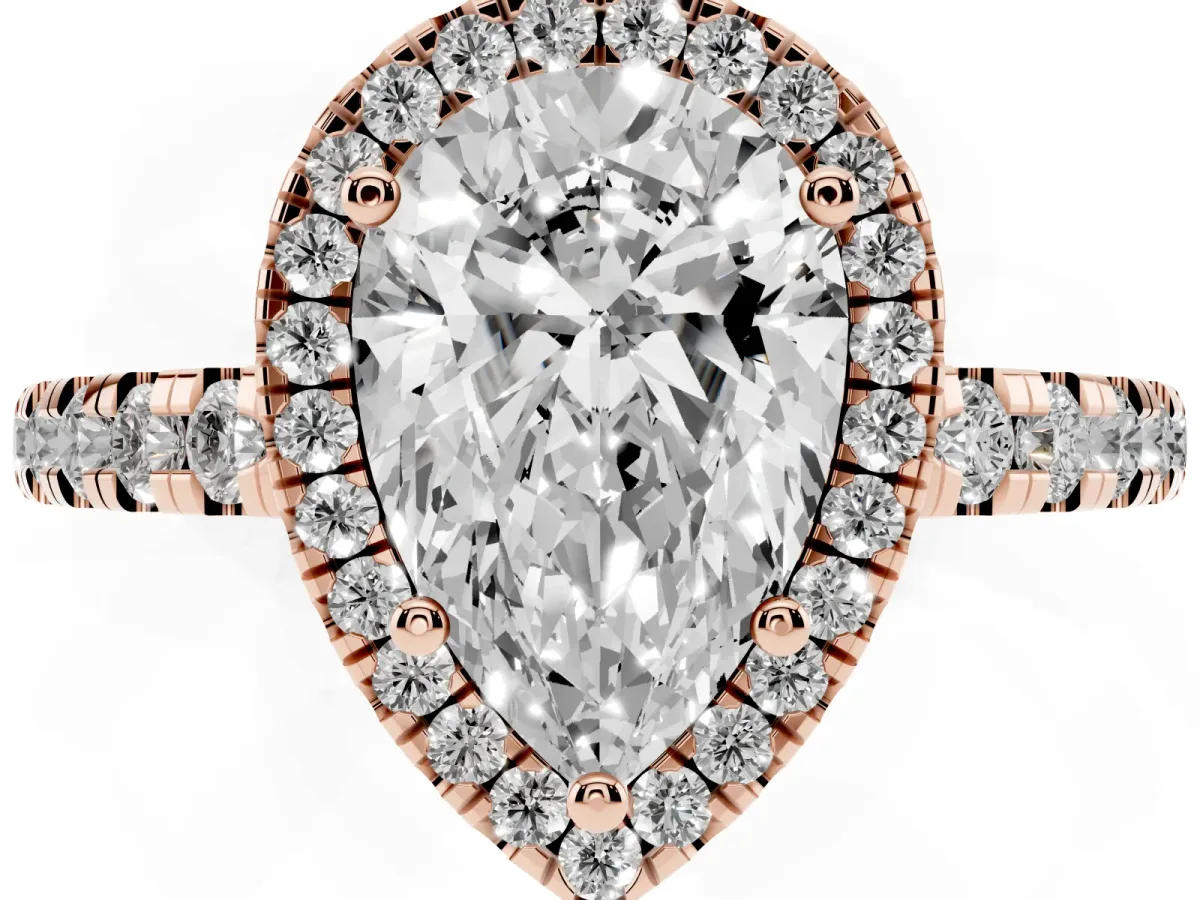 Pear Cut Diamond Halo Ring with Pavé Band and Four-Prong Setting Rose gold