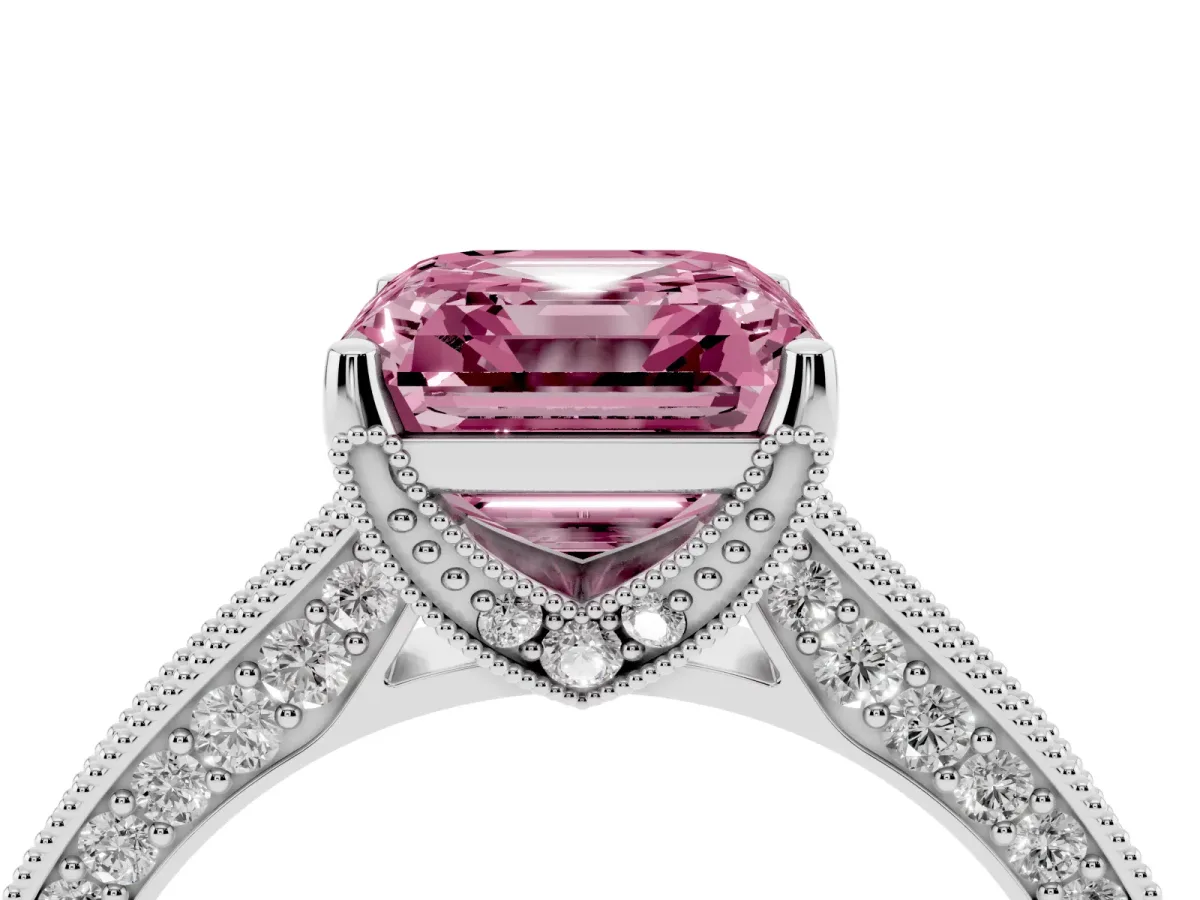 Fancy Pink Asscher Cut Cut Diamond Solitaire Ring with Milgrain Pave Band and Four Prong Setting Silver