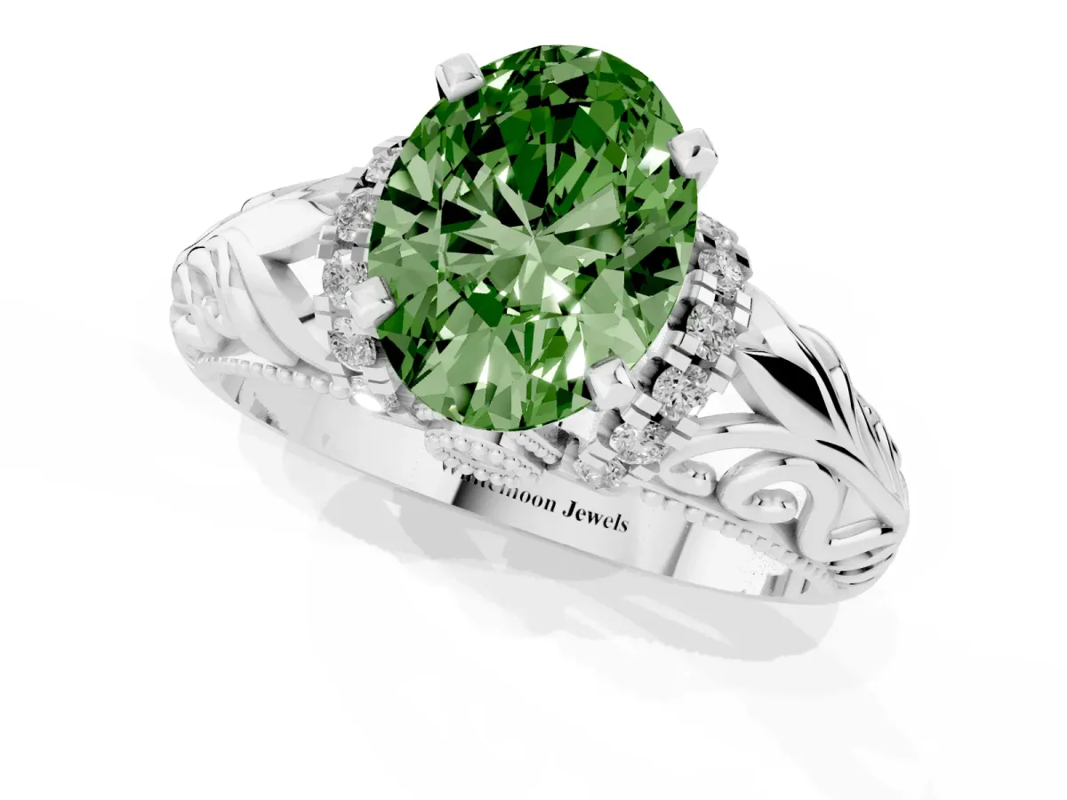 Fancy Green Oval Cut Solitaire Filigree Engagement Ring with Halo and Prong Setting Silver