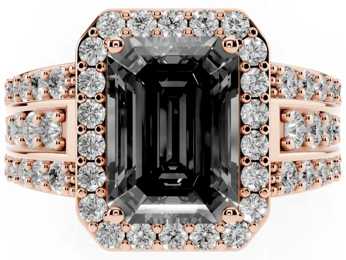 Fancy Black Emerald Cut Halo Diamond Ring with Round Split Shank and Prong Setting Rose gold