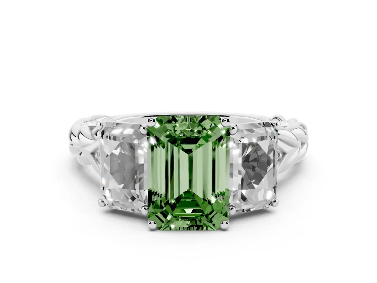 Fancy Green Three-Stone Emerald Cut Diamond Braided Band Ring with Four-Prong Setting Platinum